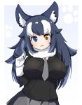  1girl animal_ear_fluff animal_ears berusa_(berutoo) between_breasts blush breast_pocket breasts eyebrows_visible_through_hair fang fur_collar gloves grey_wolf_(kemono_friends) heterochromia highres impossible_clothes kemono_friends large_breasts looking_at_viewer necktie necktie_between_breasts open_mouth plaid_neckwear pocket simple_background skin_fang solo white_background white_gloves wolf_ears wolf_girl 