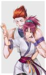  1boy 1girl arm_grab blood blue_eyes bracelet breasts cowboy_shot disgust earrings evil_smile eyebrows_visible_through_hair facial_mark fingernails hair_between_eyes hair_slicked_back hand_on_another&#039;s_face height_difference hisoka_morow holding holding_needle hunter_x_hunter japanese_clothes jewelry kimono korean_commentary long_fingernails looking_at_another machi_(hunter_x_hunter) medium_breasts medium_hair messy_hair needle pink_hair ponytail ppap_(11zhakdpek19) red_hair sash short_sleeves simple_background sleeveless smile star_facial_mark tabi teardrop_facial_mark tied_hair toned toned_male upper_body vest white_kimono yellow_eyes 