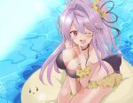  1girl alternate_costume azur_lane bangs bikini blush breasts cleavage collarbone commentary_request eyebrows_visible_through_hair floating floating_object grenville_(azur_lane) hair_between_eyes hair_ornament highres large_breasts long_hair looking_at_viewer manjuu_(azur_lane) multicolored_hair one_side_up open_mouth purple_hair red_eyes smile swimsuit tonchinkan 