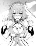  1girl blush breasts cleavage fingernails greyscale hair_ornament hairband hands_up highres kojima_saya large_breasts long_sleeves looking_at_viewer lying medium_hair monochrome nose_blush on_back open_mouth pillow princess_connect! solo sweat upper_body wide-eyed yui_(princess_connect!) 