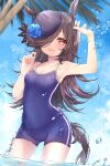  1girl :d absurdres animal_ears arm_up armpits black_hair blue_flower blue_headwear blue_rose blurry blurry_background blush breasts cleavage cloud collarbone commentary_request contrapposto covered_navel flower hair_over_one_eye hand_up haruki_(colorful_macaron) hat hat_flower highres horse_ears horse_girl horse_tail long_hair looking_at_viewer medium_breasts one_eye_covered open_mouth red_eyes rice_shower_(umamusume) rose school_swimsuit signature skindentation sky small_breasts smile solo swimsuit tail tilted_headwear umamusume wading water 