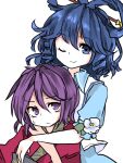  2girls ;) blue_dress blue_eyes dress drill_hair flower hair_between_eyes hair_ornament hair_rings hair_stick japanese_clothes kaku_seiga kimono looking_at_viewer multiple_girls one_eye_closed purple_eyes purple_hair red_kimono sato_imo short_hair simple_background smile sukuna_shinmyoumaru touhou twin_drills upper_body vest white_background white_flower 