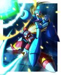  2boys android arm_cannon armor blonde_hair blue_bodysuit blue_eyes blue_footwear blue_headwear bodysuit boots border closed_mouth commentary_request crack energy energy_sword firing floating_hair gloves green_eyes helmet highres holding holding_sword holding_weapon hoshi_mikan jumping long_hair looking_at_viewer male_focus mega_man_(series) mega_man_x_(character) mega_man_x_(series) multiple_boys one_knee open_mouth project_x_zone red_footwear red_headwear robot_ears serious sword teeth very_long_hair weapon white_border white_gloves zero_(mega_man) 