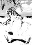  1girl absurdres all_fours ass beach bikini cloud earrings feet genshin_impact greyscale highres jewelry jin_amber looking_at_viewer looking_back mona_megistus monochrome palm_tree pussy sand sandals sky solo swimsuit thighs tree 