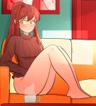  1girl absurdres arkeus_165 bare_legs blush bottomless breasts brown_hair brown_sweater casual couch cup doki_doki_literature_club embarrassed green_eyes highres legs legs_together long_hair looking_away looking_to_the_side medium_breasts monika_(doki_doki_literature_club) pillow ponytail sitting solo sweater tea teacup 