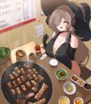  1girl bare_shoulders black_choker black_gloves black_headwear blurry blurry_background blush breasts choker chopsticks cleavage closed_eyes elbow_gloves food gloves hair_over_one_eye hat hat_belt heart highres horns large_breasts meat oh_(aung_ae) open_mouth original plate smile solo steam table 