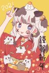  1girl 2021 animal_ears animal_print bell blue_eyes bright_pupils chinese_zodiac cow_ears cow_print earrings grey_hair hair_bell hair_ornament highres japanese_clothes jewelry kimono looking_at_viewer neck_bell nengajou new_year nokanok obi original patterned_hair print_kimono red_kimono sash simple_background solo tongue tongue_out v white_hair white_pupils year_of_the_ox yellow_background 