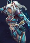  1girl absurdres armor blue_eyes breastplate clothing_cutout faulds gauntlets highres holding holding_sword holding_weapon kankitsurui_(house_of_citrus) long_hair monster_hunter_(series) monster_hunter_rise navel pauldrons ponytail shoulder_armor solo stomach_cutout sword weapon white_hair zinogre_(armor) 
