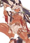  1girl barefoot belt beltbra breasts cape clover dark-skinned_female dark_skin floating floating_object floating_sword floating_weapon four-leaf_clover guilty_gear guilty_gear_xrd hair_between_eyes hand_wraps hat highres huge_weapon long_hair looking_at_viewer loose_belt medium_breasts navel orange_eyes platinum_blonde_hair ramlethal_valentine short_shorts shorts solo sword thigh_strap toenails toes underboob weapon white_background white_cape white_shorts xu_sanchuan 