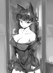  1girl :/ animal_ears braid breasts cat_ears cat_tail cleavage commentary_request cowboy_shot dress extra_ears kaenbyou_rin large_breasts mizuga monochrome multiple_tails nekomata off_shoulder pointy_ears solo tail touhou twin_braids twintails two_tails 