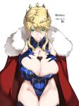  1girl artoria_pendragon_(all) artoria_pendragon_(lancer)_(fate) bare_shoulders blonde_hair blue_gloves blue_legwear blue_leotard braid breasts candy cape chocolate chocolate_heart chocolate_on_breasts cleavage cleavage_cutout clothing_cutout crown deep_skin elbow_gloves fate/grand_order fate_(series) food french_braid fur_collar gloves green_eyes hair_between_eyes hands_on_own_chest heart highleg highleg_leotard highres large_breasts leotard long_hair looking_at_viewer red_cape sidelocks smile solo sparkle thighhighs thighs tooya_daisuke 