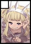  1girl bangs bent_over black_border blonde_hair blunt_bangs border breasts bright_pupils cagliostro_(granblue_fantasy) circle_cut clothes_pull downblouse fingernails granblue_fantasy grin hairband hand_up kosuke_orz long_hair looking_at_viewer purple_eyes shirt_pull simple_background small_breasts smile solo thighhighs white_background white_pupils 