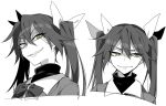 1girl bangs bow bowtie closed_mouth eyebrows_visible_through_hair greyscale grin hair_between_eyes hair_ribbon kantai_collection long_hair monochrome multiple_views portrait ribbon simple_background sketch smile spot_color tone_(kancolle) twintails upper_body yarawi yellow_eyes 