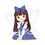  1girl :d bangs blue_dress blunt_bangs blush bow brown_eyes brown_hair chibi commentary_request crys_(dai) dress fairy_wings full_body hair_bow highres long_hair open_mouth simple_background sitting smile solo star_(symbol) star_print star_sapphire touhou very_long_hair wariza white_background wings 
