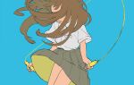  1girl bare_legs blue_background brown_hair brown_skirt collared_shirt commentary_request covered_eyes highres jump_rope long_hair open_mouth original pleated_skirt school_uniform shiki_haru shirt short_sleeves simple_background skirt solo white_shirt wind wind_lift 