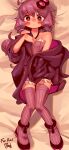  1girl absurdres bare_shoulders black_coat black_footwear blue_dress blush coat drawstring dress full_body hair_ornament highres long_hair lying moai_(more_e_4km) on_back purple_hair purple_legwear shoes solo thighhighs voiceroid yuzuki_yukari 