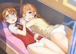  2girls :o apollo_(hu_maple) ass bangs bed beige_jacket blue_eyes blush bow bow_panties brown_hair bunk_bed collar collared_shirt curtains eyebrows_visible_through_hair hair_between_eyes hair_bow highres indoors konoe_haruka konoe_kanata long_hair love_live! love_live!_nijigasaki_high_school_idol_club lying multiple_girls necktie no_pants on_back on_bed on_stomach one_eye_closed open_mouth panties pillow poster_(object) purple_eyes red_bow red_vest school_uniform shirt short_sleeves siblings side_ponytail sidelocks sisters thighs underwear uniform upper_teeth vest vest_over_shirt white_collar white_panties white_shirt yellow_bow 