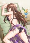  1girl ass bikini black_bikini blush breasts brown_eyes brown_hair commentary_request cup food grimm_(sentouin_hakenshimasu!) kiasa large_breasts long_hair lying on_stomach purple_sarong sarong sentouin_hakenshimasu! sideboob solo swimsuit wavy_mouth 