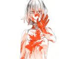  1girl absurdres bare_arms blood blood_on_arm blood_on_chest blood_on_face blood_on_fingers bloody_clothes bloody_hair bloody_hands breasts camisole collarbone commentary_request hand_up highres limited_palette looking_at_viewer original palms parted_lips reaching_out shiki_haru short_hair simple_background slit_pupils small_breasts solo upper_body white_background 