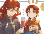  2boys alcohol alvis_(fire_emblem) azelle_(fire_emblem) blush bomssp brothers closed_eyes cup drinking_glass fire_emblem fire_emblem:_genealogy_of_the_holy_war food holding long_hair male_focus multiple_boys red_eyes red_hair siblings simple_background smile white_background wine wine_glass 