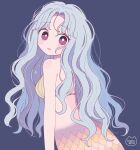  1girl absurdres bangs blue_background blue_hair bright_pupils eyebrows_visible_through_hair from_behind highres long_hair looking_at_viewer mermaid monster_girl nokanok original parted_bangs parted_lips purple_eyes scales shell shell_bikini simple_background solo tears white_pupils 
