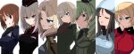  6+girls absurdres aikir_(jml5160) anchovy_(girls_und_panzer) anzio_military_uniform bangs black_gloves black_headwear black_jacket black_neckwear black_ribbon black_shirt blonde_hair blue_eyes blue_headwear blue_jacket brown_eyes brown_hair brown_jacket chin_grab closed_eyes closed_mouth column_lineup commentary darjeeling_(girls_und_panzer) disgaea disgaea_team_attack dress_shirt drill_hair emblem eyebrows_visible_through_hair frown garrison_cap girls_und_panzer glaring gloves green_hair green_jumpsuit grey_jacket hair_intakes hair_ribbon half-closed_eye half-closed_eyes hand_on_own_face hand_on_own_throat hat highres insignia itsumi_erika jacket jumpsuit katyusha_(girls_und_panzer) kay_(girls_und_panzer) keizoku_military_uniform kuromorimine_military_uniform long_hair long_sleeves looking_to_the_side medium_hair mika_(girls_und_panzer) military military_hat military_uniform multiple_girls necktie nishizumi_miho one_eye_closed ooarai_military_uniform open_clothes open_jacket open_mouth parody pravda_military_uniform raglan_sleeves red_eyes red_jacket red_shirt ribbon saunders_military_uniform shirt short_hair silver_hair slit_pupils smile smirk st._gloriana&#039;s_military_uniform star_(symbol) throat_microphone track_jacket trait_connection tulip_hat twin_drills twintails uniform wing_collar 