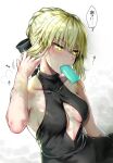  1girl adjusting_hair artoria_pendragon_(all) artoria_pendragon_(alter_swimsuit_rider)_(fate) bare_shoulders blonde_hair braid breasts center_opening cleavage collarbone dark_persona dress embarrassed fate/grand_order fate_(series) food french_braid hair_twirling halterneck highres kojima_saya medium_breasts no_bra popsicle skin_tight sleeveless sleeveless_turtleneck solo turtleneck yellow_eyes 