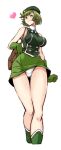  1girl absurdres ass_visible_through_thighs bag bangs beret blouse bob_cut boots breasts brooch carrying closed_mouth commentary cropped_legs crotch_seam cutie_honey gloves green_blouse green_eyes green_footwear green_gloves green_hair green_headwear green_skirt handbag hat heart highres idol_honey itachou jewelry kisaragi_honey large_breasts looking_to_the_side miniskirt panties pantylines pantyshot short_hair simple_background skirt sleeveless_blouse smile solo standing thigh_gap turtleneck underwear white_background white_panties wind wind_lift 