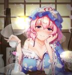  1girl absurdres backlighting bare_shoulders blush breasts cleavage cup hand_on_own_cheek hand_on_own_face hat highres hira-san holding holding_cup large_breasts mob_cap off_shoulder pink_eyes pink_hair saigyouji_yuyuko short_hair smile solo sun touhou upper_body window 