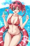  1girl absurdres bangs bikini black_eyepatch blue_sky breasts cleavage cloud drink eyepatch eyewear_on_head heart heart-shaped_eyewear highres hololive horizon houshou_marine long_hair looking_at_viewer medium_breasts navel ocean partially_submerged pink-framed_eyewear red_bikini red_eyes red_hair sky solo sunglasses swimsuit tenpa_(tenpa2190) twintails virtual_youtuber water 