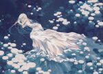  1girl closed_eyes dress kitaru_(mabo_f) limited_palette long_dress long_hair original partially_submerged sleeping sleeveless sleeveless_dress snow solo white_dress white_hair wide_shot 