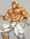  1boy abs american_football_uniform animal_ears bara brown_eyes brown_fur brown_hair bulge cow_ears cow_horns cow_tail darlton facial_hair feather_necklace feet_out_of_frame fiery_horns furrification furry glowing_horns goatee grin horns large_pectorals looking_at_viewer male_focus minotaur muscular muscular_male navel navel_hair nipples pants pectorals shirtless short_hair shorts smile solo spiked_hair sportswear stomach tail thick_thighs thighs tight tight_pants tokyo_houkago_summoners wakan_tanka white_shorts work_in_progress 