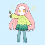  1girl amabie blue_background blush full_body holding holding_pencil long_hair long_sleeves looking_at_viewer nokanok original pencil pink_hair sidelocks simple_background solo sparkle standing twitter_username very_long_hair yellow_eyes 