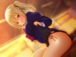  1girl ass black_panties blonde_hair breasts classroom clothes_lift commentary_request lifted_by_self looking_at_viewer original panties pleated_skirt pointy_ears purple_eyes school_uniform serafuku side-tie_panties skirt skirt_lift smile solo twintails underwear yu-ta 