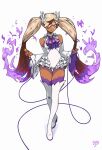  1girl bare_shoulders blonde_hair choco_(milkytiddyboy) dark-skinned_female dark_skin detached_sleeves dress fiery_hair frills full_body hair_over_one_eye highres long_hair looking_at_viewer milkytiddyboy original pointy_ears purple_eyes solo thighhighs twintails very_long_hair white_dress white_legwear 