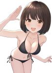  1girl arm_up bikini bob_cut breasts brown_eyes brown_hair cleavage cowboy_shot highres open_mouth original short_hair smile solo swimsuit tanbonota46 white_background 