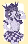  1girl :&gt; beige_background blush breasts checkered checkered_skirt commentary_request cowboy_shot hand_on_hip hat highres himekaidou_hatate holding holding_phone long_hair medium_breasts monochrome natsushiro phone simple_background skirt solo tokin_hat touhou twintails 
