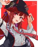  1girl arknights bangs black_headwear braid fang foxx_(rftx8228) hair_ornament hat highres horns jacket long_hair looking_at_viewer necktie open_mouth pointy_ears red_eyes red_hair shirt solo very_long_hair vigna_(arknights) 
