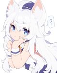  1girl ? animal_ear_fluff animal_ears bangs bare_shoulders beret blue_eyes blue_headwear character_request commentary_request dress eyebrows_visible_through_hair hair_between_eyes hat long_hair looking_at_viewer mofuaki parted_lips simple_background solo spoken_question_mark upper_body white_background white_dress white_hair world_flipper wrist_cuffs 