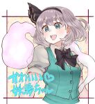  1girl :d blue_eyes blush bow bowtie breasts commentary_request cropped_torso green_vest highres hitodama konpaku_youmu konpaku_youmu_(ghost) medium_breasts medium_hair natsushiro open_mouth pink_background silver_hair simple_background smile solo touhou upper_body vest 
