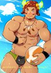  1boy abs animal_ears ball bara bare_pectorals black_male_swimwear blush brown_eyes brown_hair bulge cow_boy cow_ears cow_horns dark-skinned_male dark_skin facial_hair feather_necklace fiery_horns forked_eyebrows glowing_horns goatee green_male_swimwear highres holding holding_ball horns large_pectorals male_focus male_swimwear muscular muscular_male navel nipples partially_submerged pectorals pointing pointing_at_self print_male_swimwear short_hair smile solo spiked_hair stomach swim_briefs thick_eyebrows thick_thighs thighs tokyo_houkago_summoners volleyball wakan_tanka wet yuufreak 