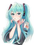  1girl 2021 absurdres bangs black_sleeves blue_eyes blue_hair blush character_name cropped_torso dated detached_sleeves eyebrows_visible_through_hair grin hair_between_eyes hair_ornament hatsune_miku headphones highres holding holding_hair long_hair long_sleeves q_t_(pixiv) shiny shiny_hair smile solo tattoo upper_body very_long_hair vocaloid wide_sleeves 