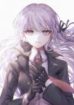  1girl backlighting bangs black_gloves black_jacket black_ribbon braid closed_mouth collared_shirt commentary danganronpa:_trigger_happy_havoc danganronpa_(series) eyebrows_visible_through_hair gloves grey_background hair_ribbon jacket kirigiri_kyouko long_hair long_sleeves looking_at_viewer necktie open_clothes open_jacket ozzingo purple_eyes purple_hair red_neckwear ribbon shirt smile solo upper_body very_long_hair white_shirt 