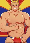  1boy abs all_might alternate_costume antenna_hair bara bare_pectorals blonde_hair blush boku_no_hero_academia bulge cowboy_shot dark-skinned_male dark_skin flexing hair_slicked_back highres large_pectorals looking_at_viewer male_focus male_swimwear mature_male muscular muscular_male navel nipples pectorals pose print_male_swimwear pulled_by_self red_male_swimwear short_hair solo stomach swim_briefs underwear_pull yuufreak 