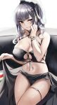  1girl azur_lane bangs bare_shoulders bikini black_bikini breasts character_request cleavage couch eyebrows_visible_through_hair giulio_cesare_(azur_lane) giulio_cesare_(high_tide_under_the_sunlight)_(azur_lane) highres long_hair navel nicky_w sarong silver_hair sitting swimsuit thigh_strap 