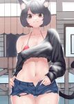  1girl :3 animal_ear_fluff animal_ears azur_lane bangs belt bikini bikini_under_clothes black_hair black_shorts blue_shorts blunt_bangs breasts cat_ears cat_girl cat_tail cleavage closed_mouth collarbone commentary_request cowboy_shot denim denim_shorts eyebrows_visible_through_hair fangs fangs_out groin hands_on_hips large_breasts long_sleeves looking_at_viewer midriff navel official_alternate_costume ootani_nonno open_fly partial_commentary red_bikini red_eyes shirt short_hair shorts sidelocks single_bare_shoulder smile solo standing swimsuit tail thigh_gap torn_clothes torn_shirt torn_shorts white_belt yamashiro_(azur_lane) yamashiro_(vacation_offensive!)_(azur_lane) 
