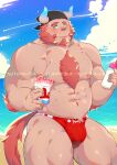  1boy abs absurdres arm_hair bara bare_pectorals beach beard bulge chernobog_(tokyo_houkago_summoners) chest_hair chest_tuft cloud cloudy_sky cup day facial_hair fang food forked_eyebrows furry goatee highres holding holding_cup ice_cream large_pectorals male_focus male_swimwear minotaur muscular muscular_male navel navel_hair nipples pectorals pink_fur red_male_swimwear reward_available short_hair sky smile solo stomach sun swim_briefs tail thick_eyebrows thick_thighs thighs tokyo_houkago_summoners yuufreak 