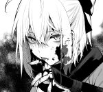  1girl blood blood_on_face fate_(series) greyscale iriehana koha-ace licking looking_at_viewer monochrome okita_souji_(fate) okita_souji_(fate)_(all) scarf short_hair solo tongue tongue_out 