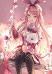  1girl :d absurdres arcaea bangs blush braid eyebrows_visible_through_hair highres holding holding_stuffed_toy huge_filesize jeon_yoa kou_(arcaea) long_hair looking_at_viewer one_eye_closed open_mouth pink_hair ribbon smile solo stuffed_toy swing very_long_hair 