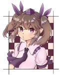  1girl blush breasts brown_hair checkered checkered_background hat highres himekaidou_hatate long_hair natsushiro o3o pointy_ears purple_eyes simple_background small_breasts solo tokin_hat touhou twintails upper_body 